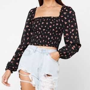 Black Floral Long Puff Sleeve Smocked Crop Top